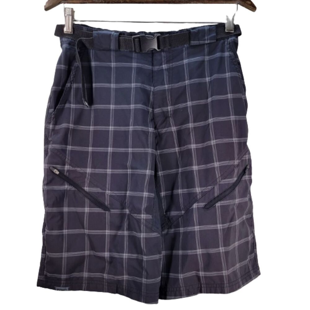Zoic MTB Shorts Cargo Belted Stretch Waist Black Plaid Mens Medium Baggy Loose